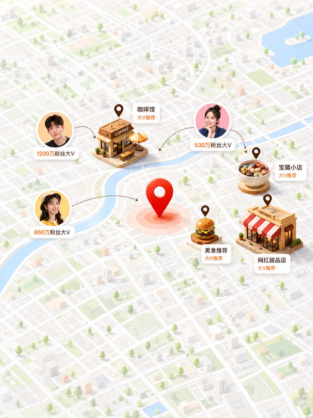 红点地图展示大V推荐地点的城市地图插画